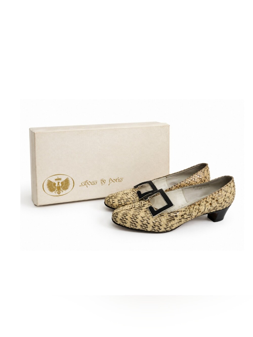 Vintage 60s Mod Snakeskin Pumps Size 6 Square Toe Pilgrim Buckle Kitten Heels